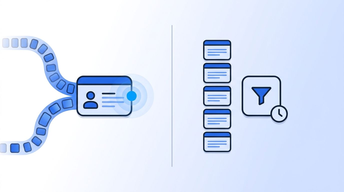 Split illustration comparing a real-time data stream on one side and a batch processing queue on the other