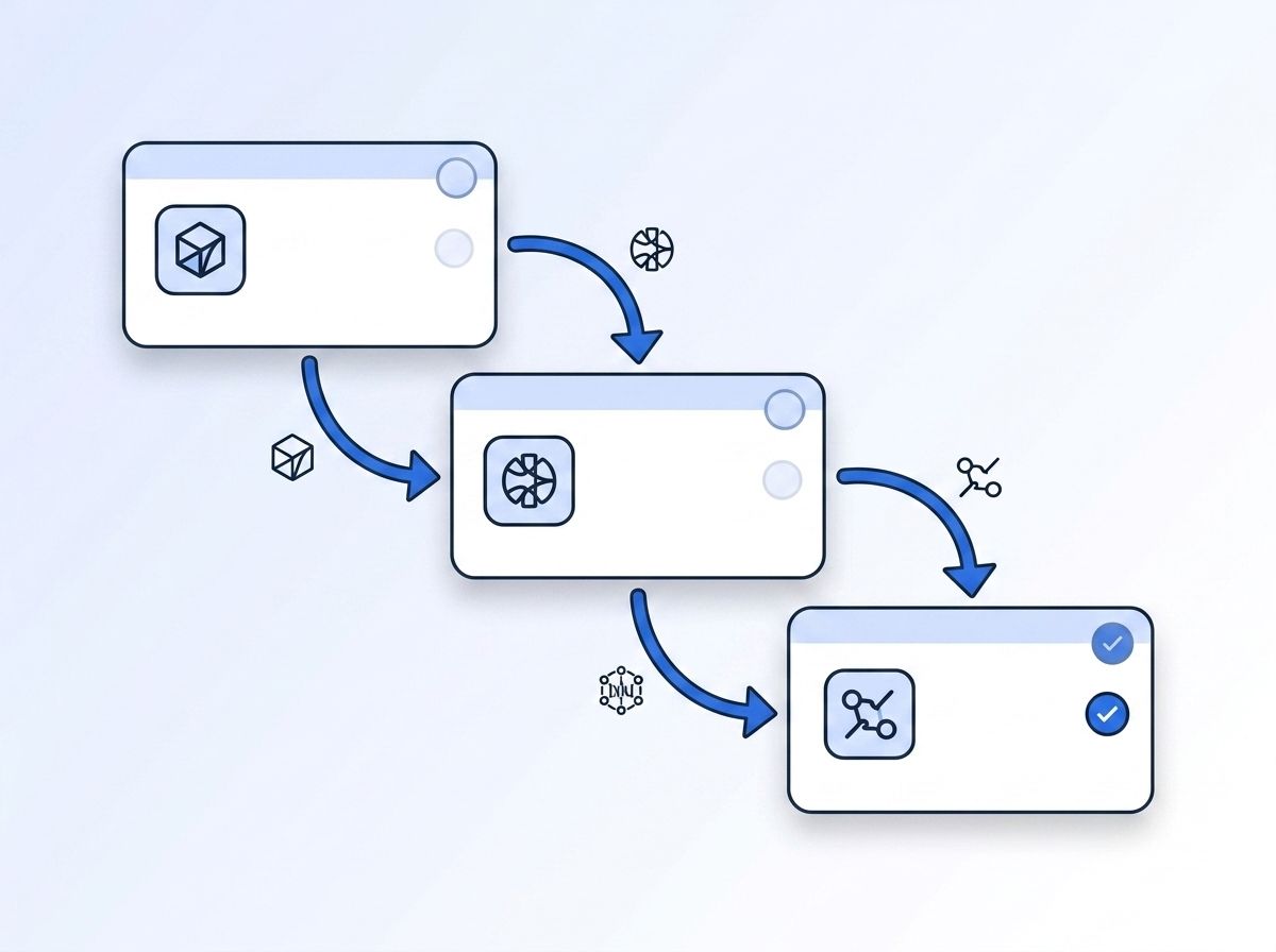 Flat illustration of a three-step waterfall diagram showing enrichment requests cascading through vendor sources until one returns a matched checkmark