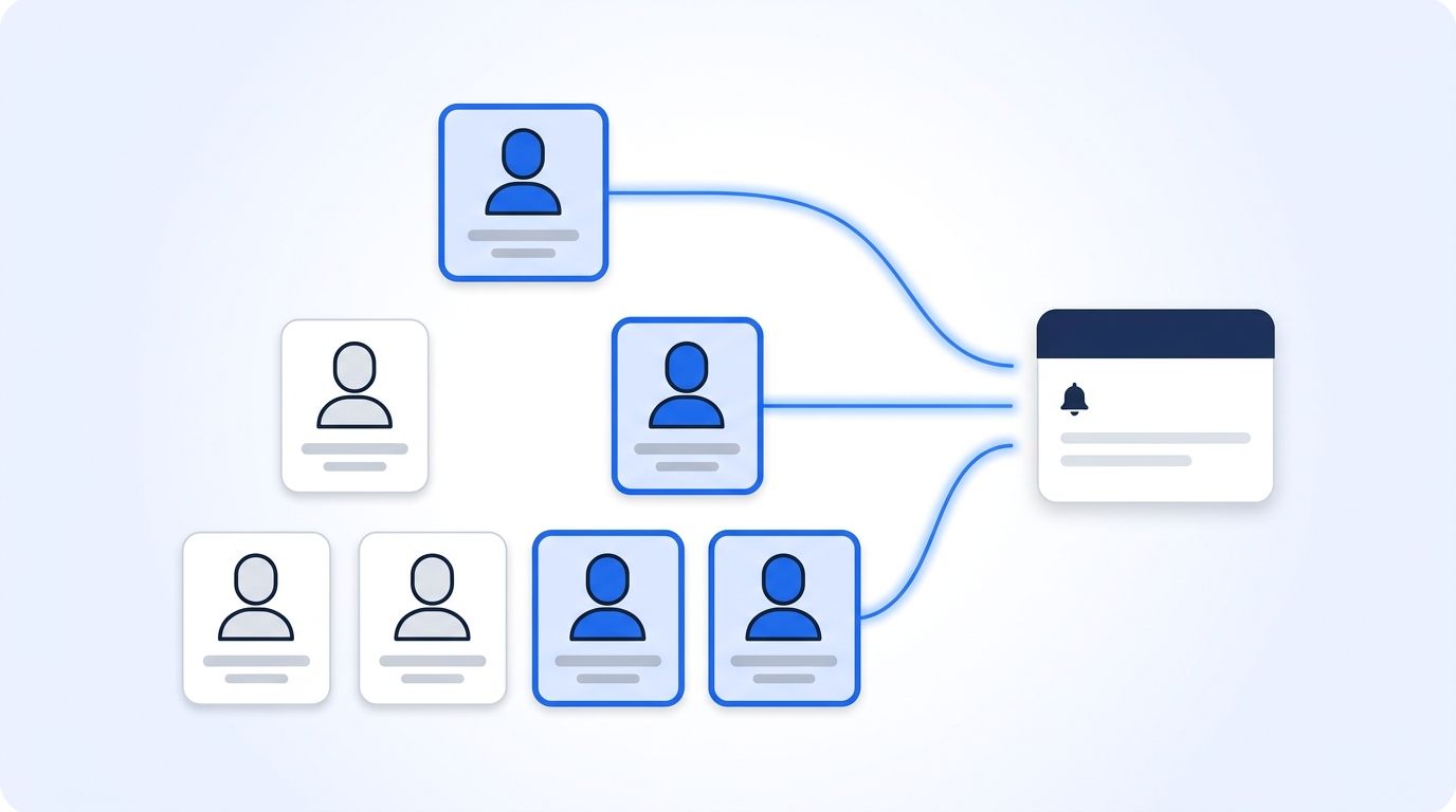 Buying committee org chart with three named stakeholders highlighted and connected by signal lines to a sales rep's alert queue