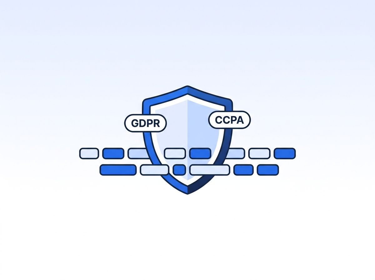A shield icon over a stream of data records with GDPR and CCPA labels, representing compliance constraints on lead enrichment