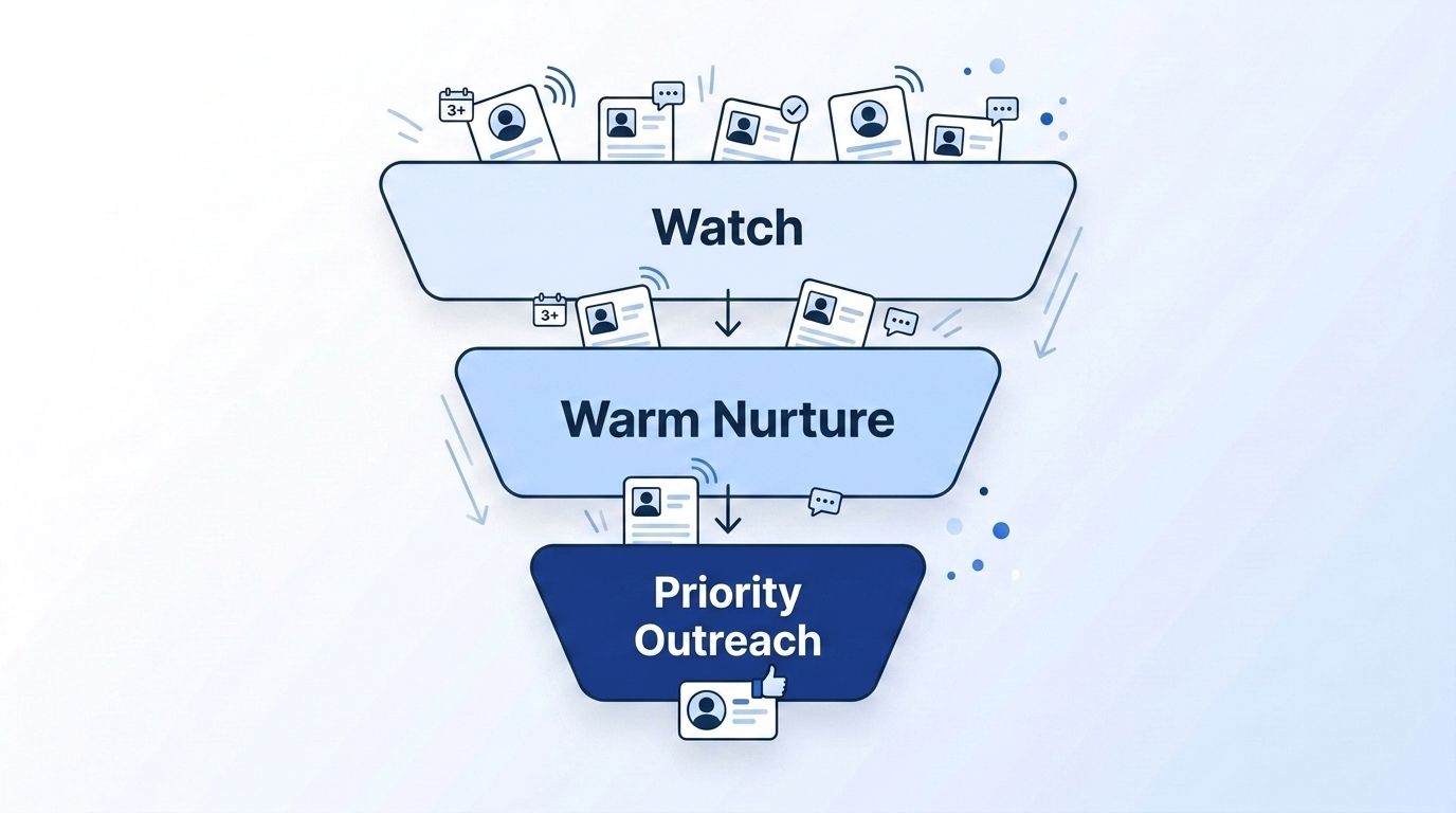 A three-tier outreach funnel diagram showing candidate cards moving from a wide Watch stage through Warm Nurture into a narrow Priority Outreach stage