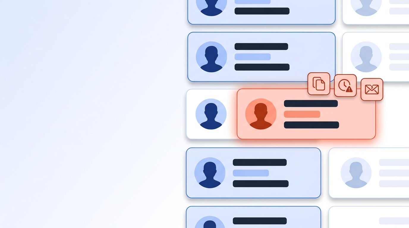 Sales dashboard showing a CRM record flagged with warning icons for duplicate, outdated, and incomplete data