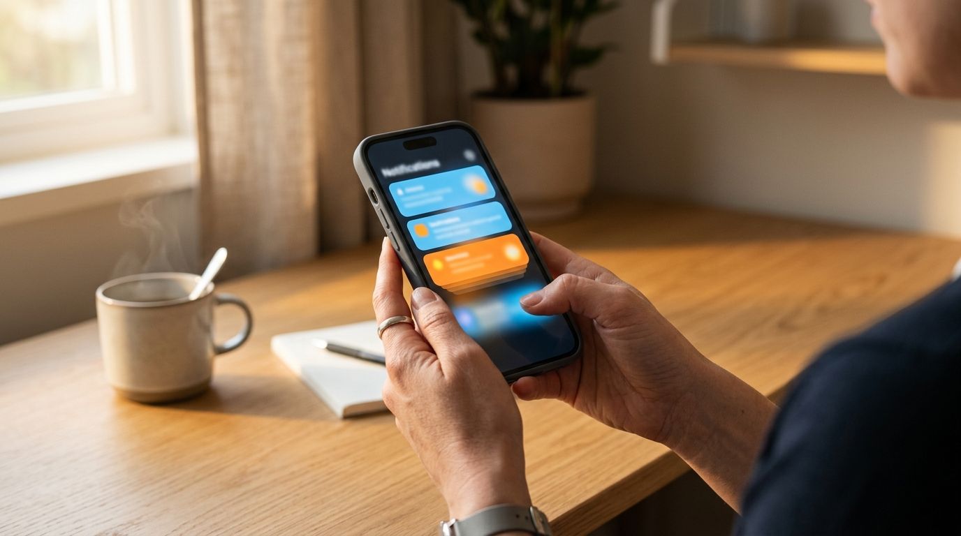 A sales rep reviewing job-change, company-news, and engagement alerts on a mobile device during a morning prospecting routine