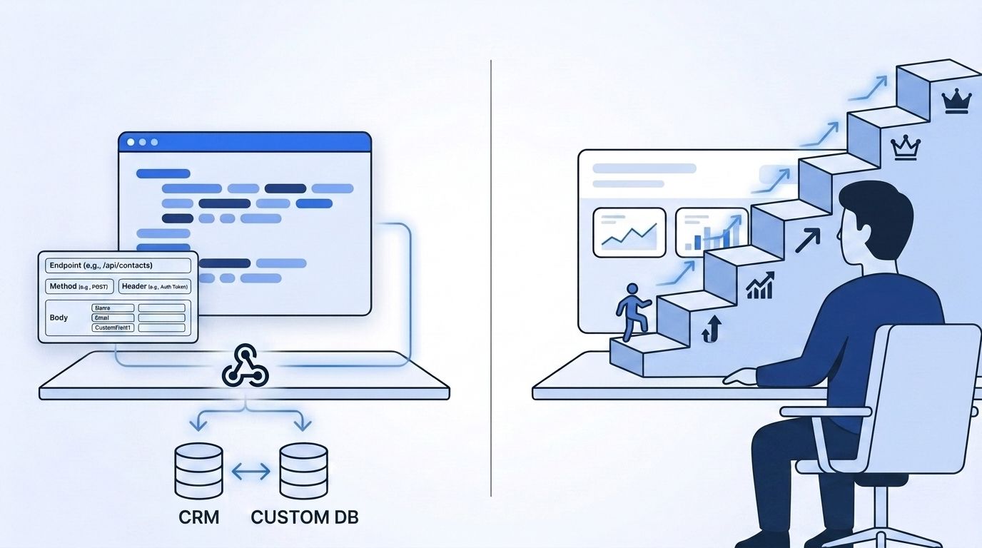 Silhouette figure climbing a rising staircase labeled with code, SQL, and API icons, representing GTM engineer career growth