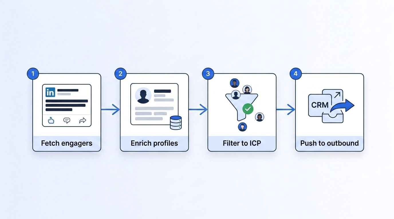 Four-step API pipeline diagram: fetch engagers, enrich profiles, filter to ICP, push to outbound