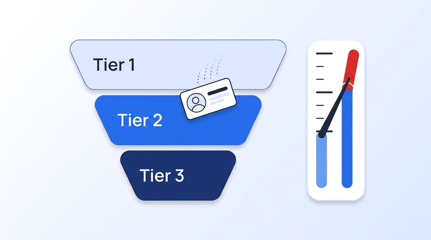 Three-tier funnel illustration showing a contact record dropping through ascending data provider tiers beside a rising budget gauge