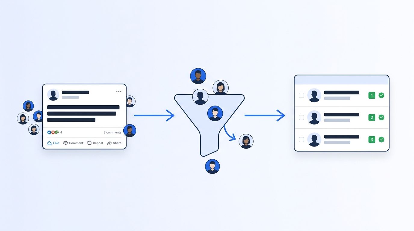 Pipeline diagram showing a competitor's LinkedIn post engagers filtered through an ICP funnel into a scored outbound contact list