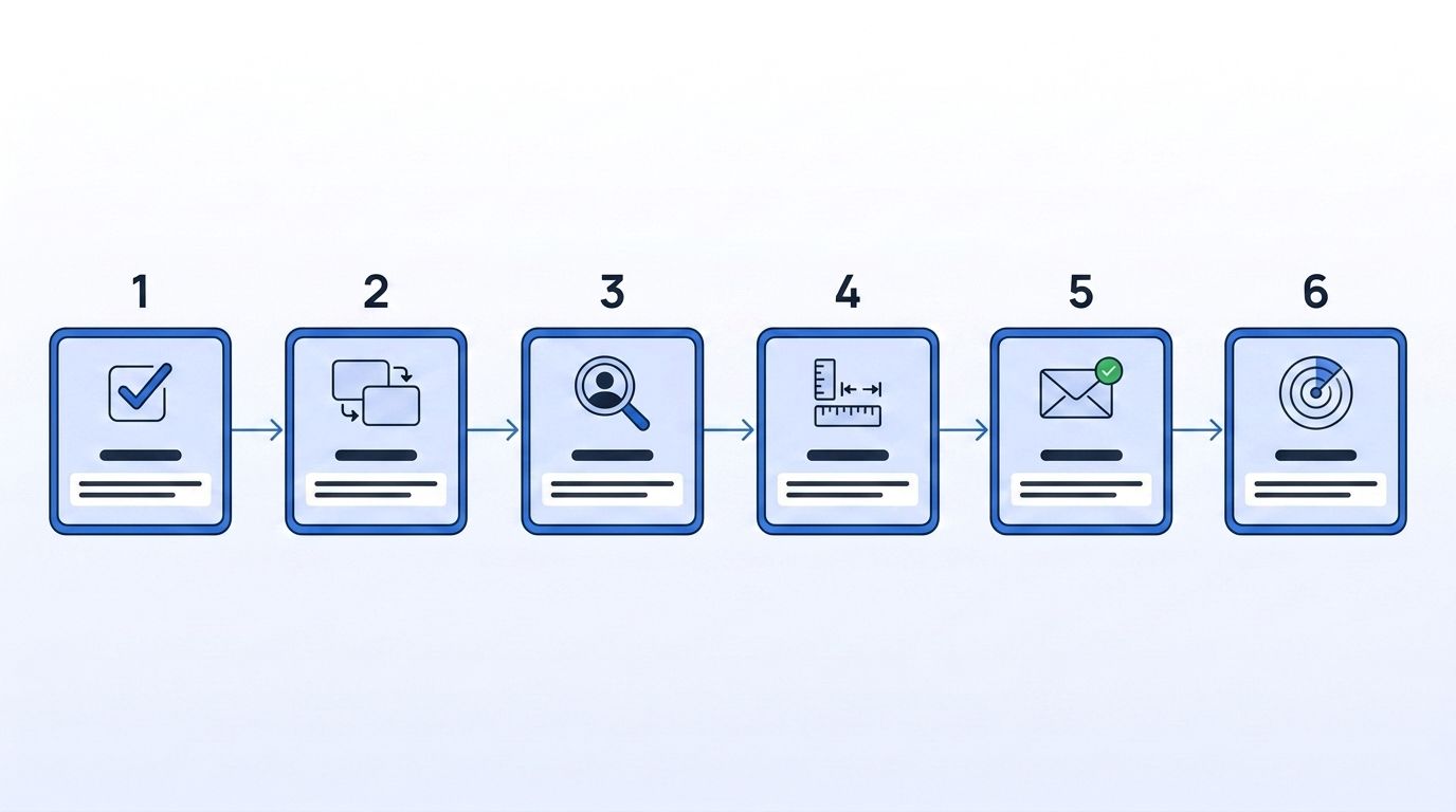 A checklist-style illustration showing six numbered validation steps as connected UI panels: format check, deduplication, cross-reference, standardization, email verification, and real-time API check