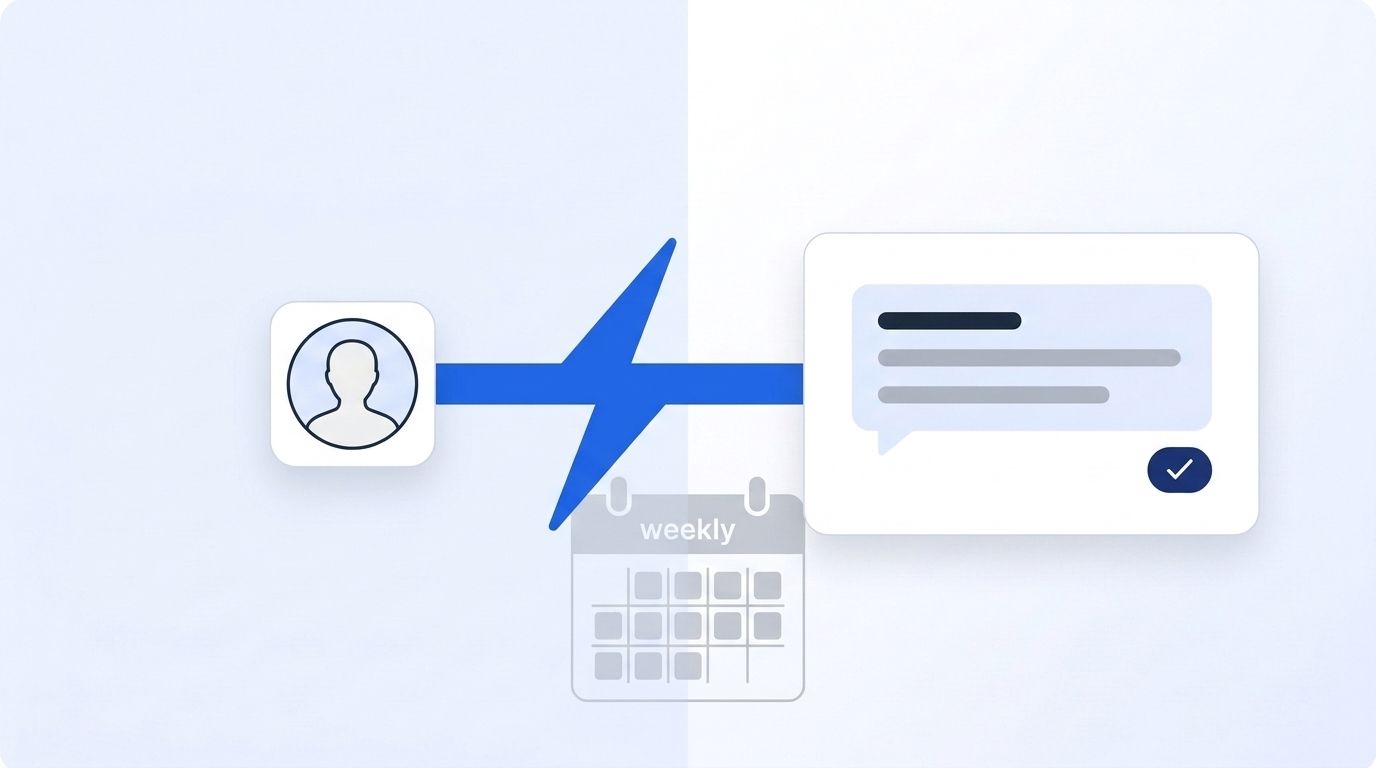 A real-time webhook signal flowing from a profile icon into a recruiter's CRM, contrasted with a faded weekly batch calendar