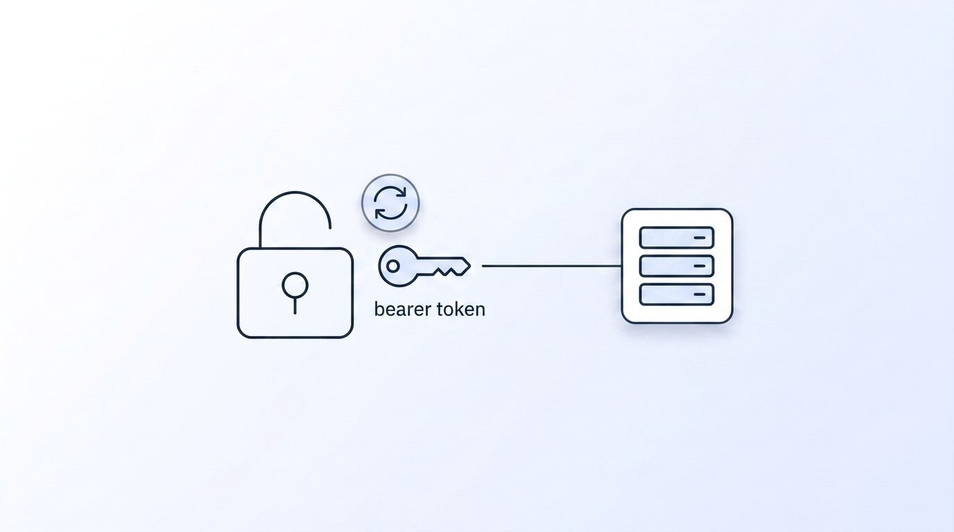 Illustration of a padlock gating a bearer token as it authenticates a request to a backend server