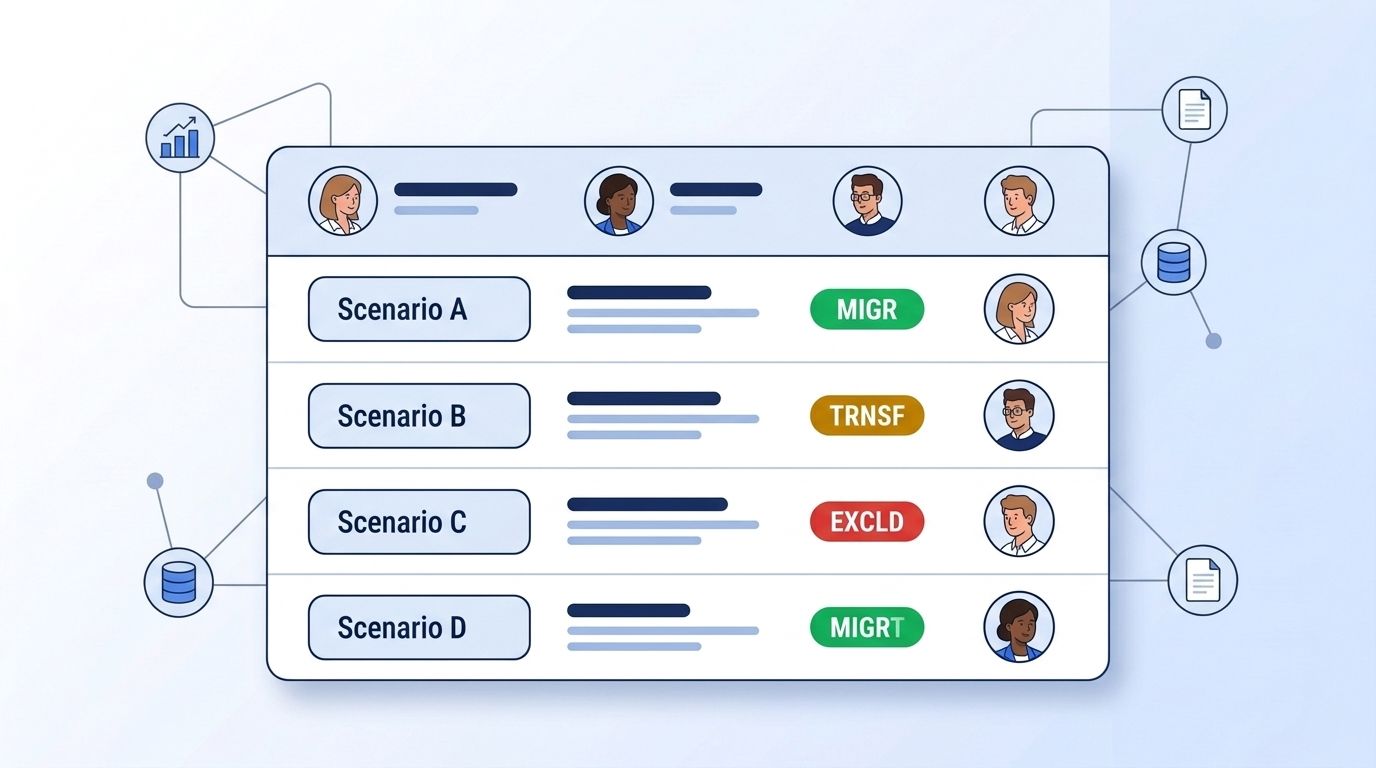 Decision log table showing scenario cards tagged migrate, transform, or exclude with an owner assigned to each row