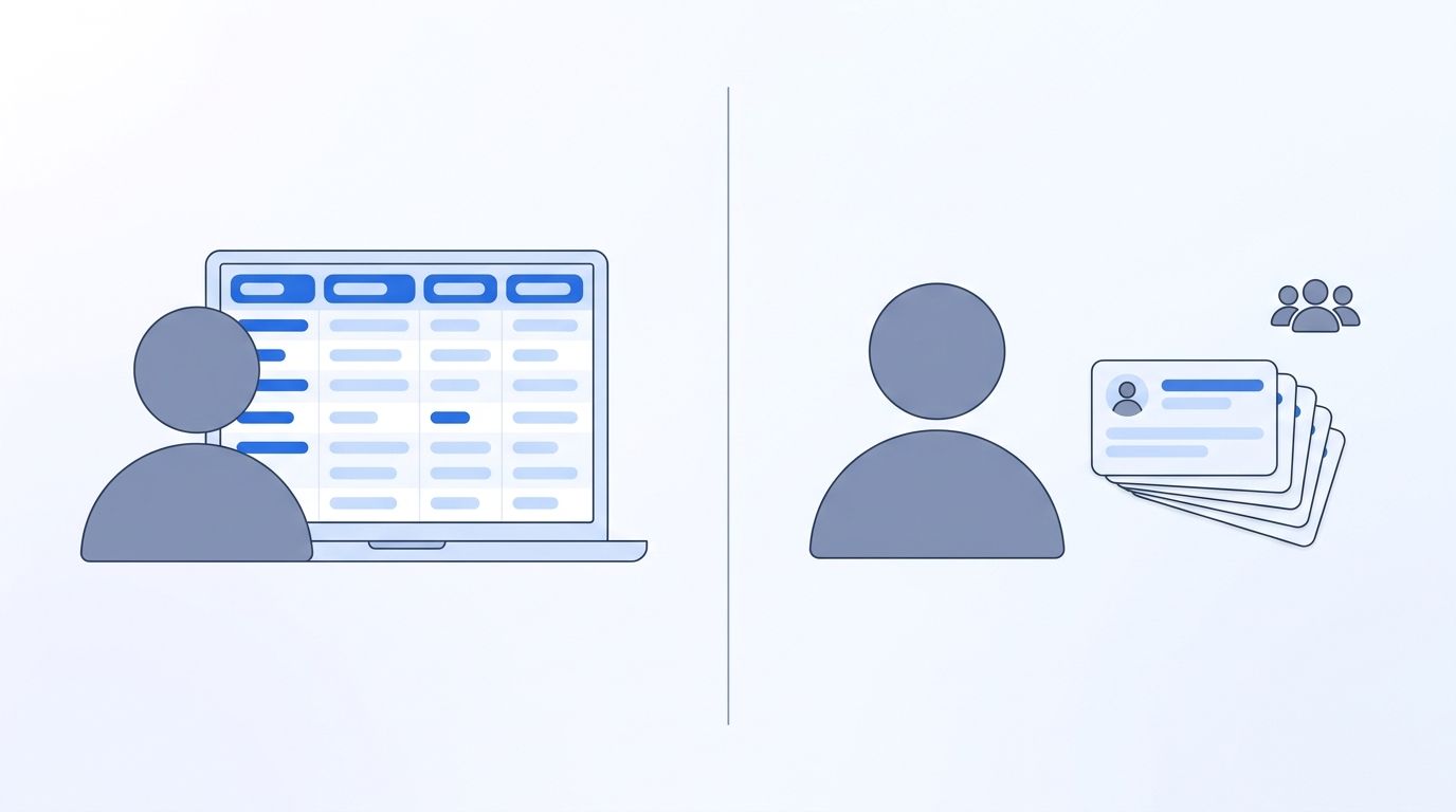 Split illustration comparing a self-serve data dashboard on one side and a managed service handoff of finished results on the other