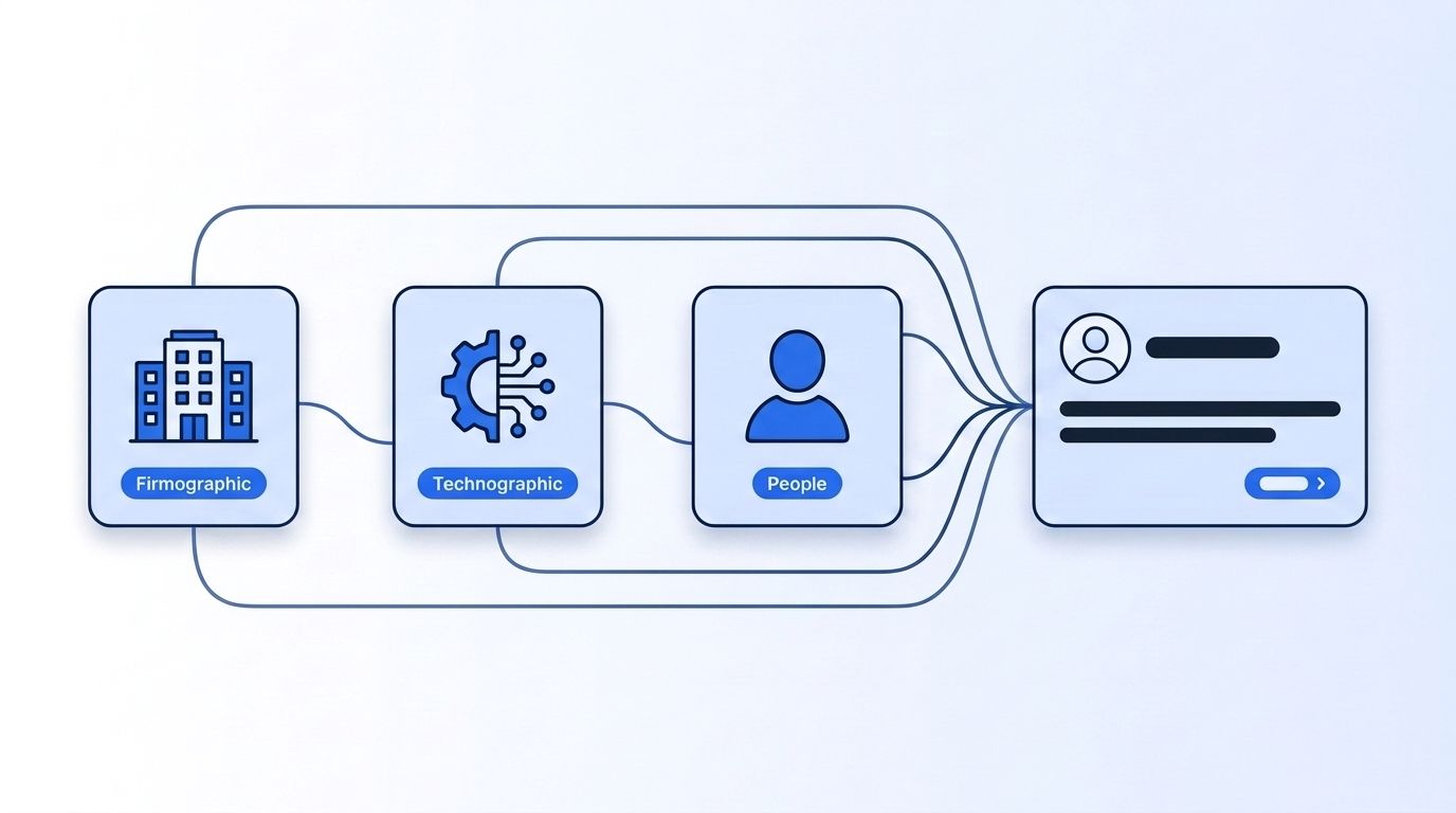 Flat vector illustration of firmographic, technographic, and people data streams converging into one unified profile card
