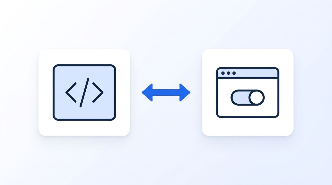 Flat 2D illustration comparing a code-and-API icon on the left against a dashboard-and-toggle icon on the right, connected by a two-way arrow