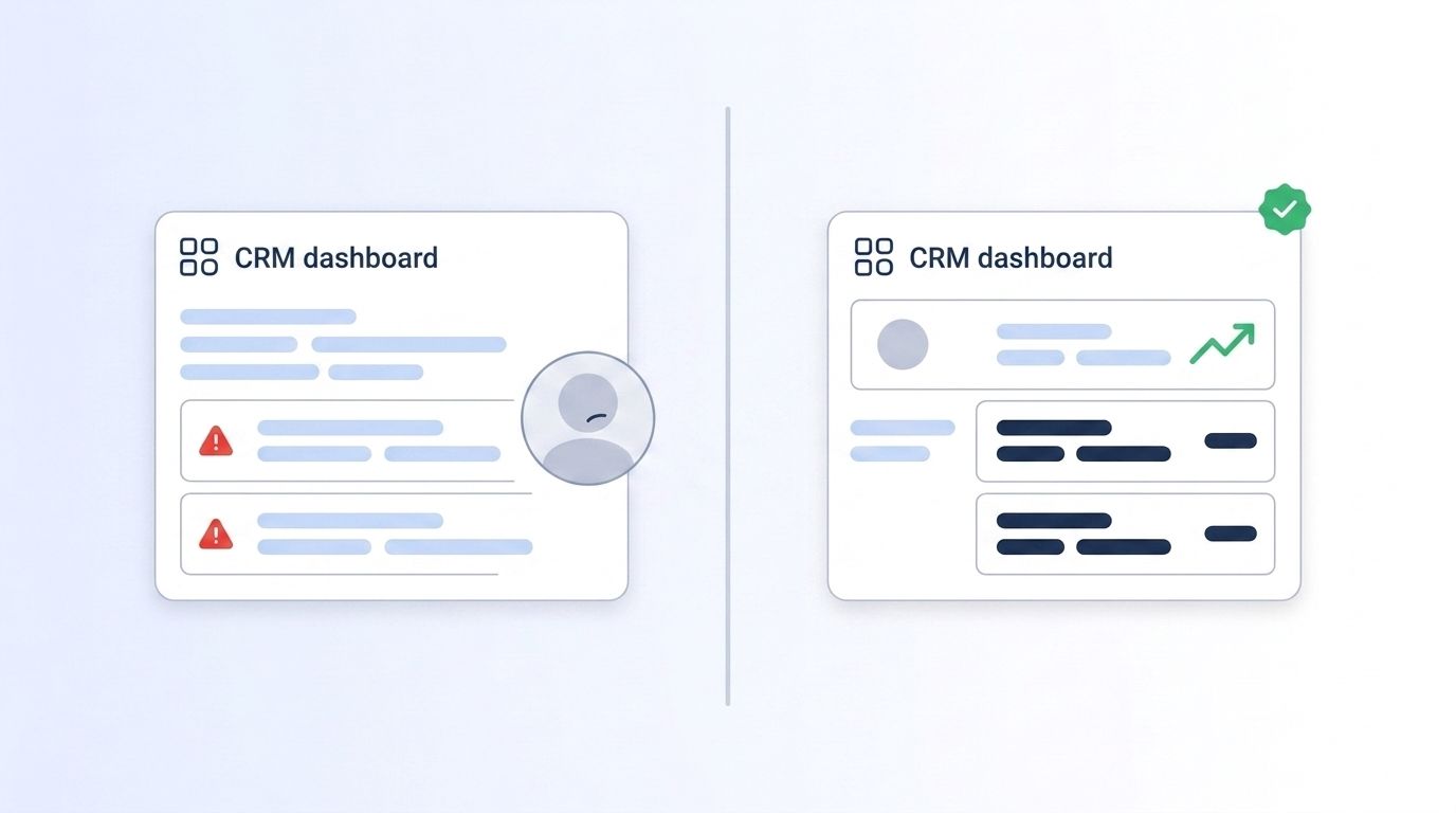 Split-screen illustration comparing a messy CRM dashboard with duplicate-record warnings to a clean dashboard with a rising ROI trend line