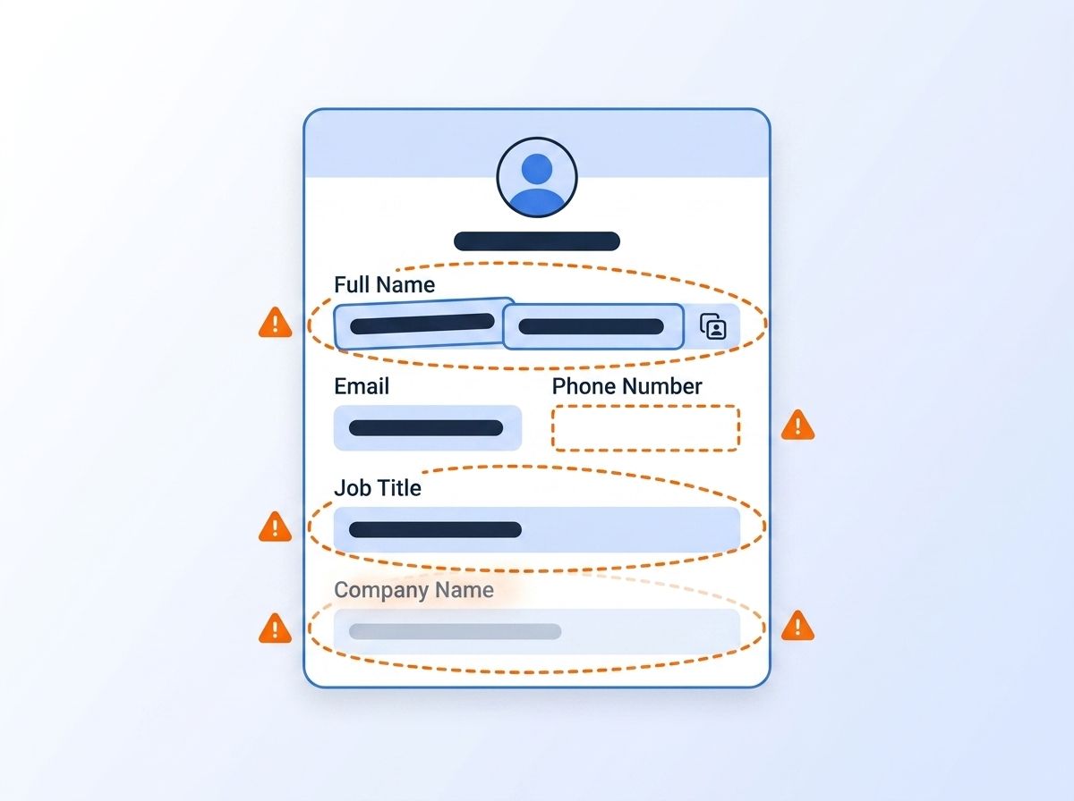 CRM contact record card with duplicate name, blank phone field, and stale company data flagged in orange