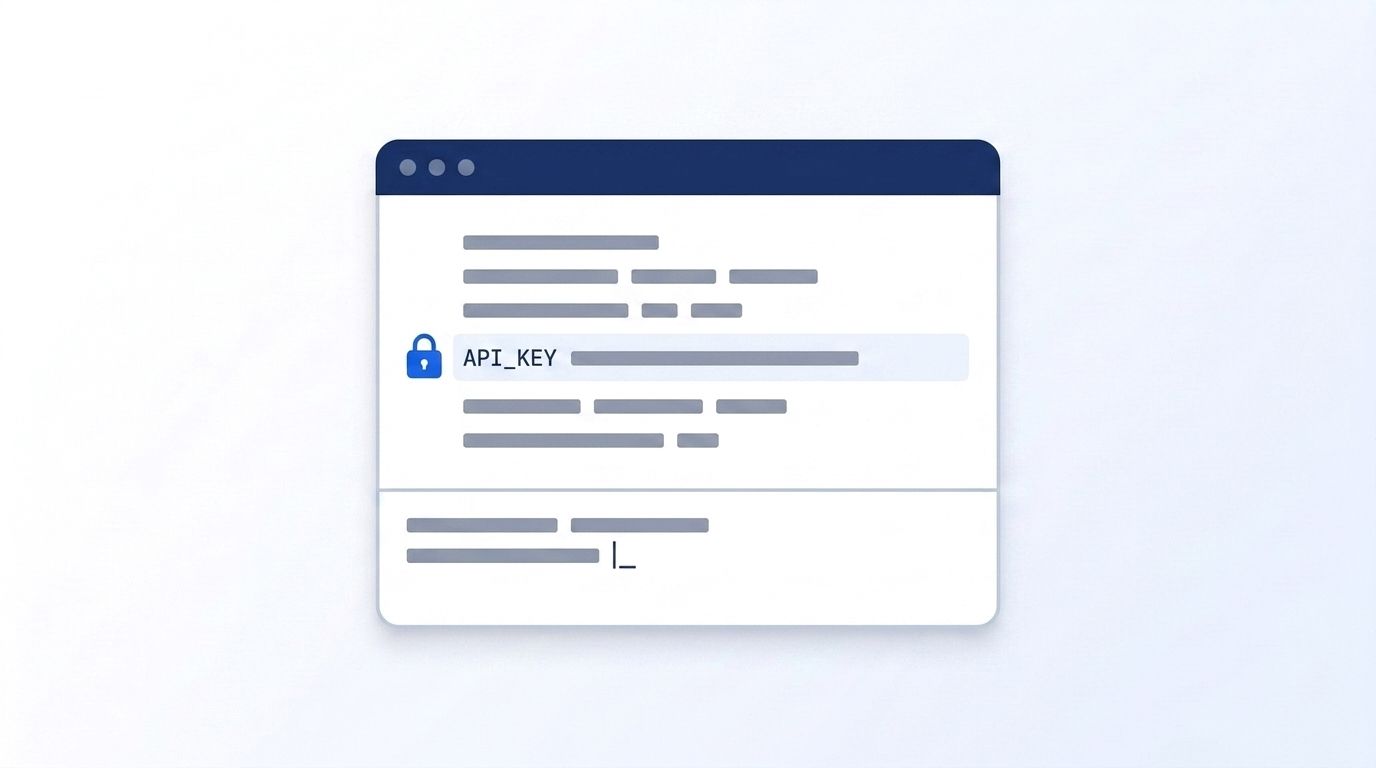 Code editor window showing an API key stored securely in an .env file with a lock icon