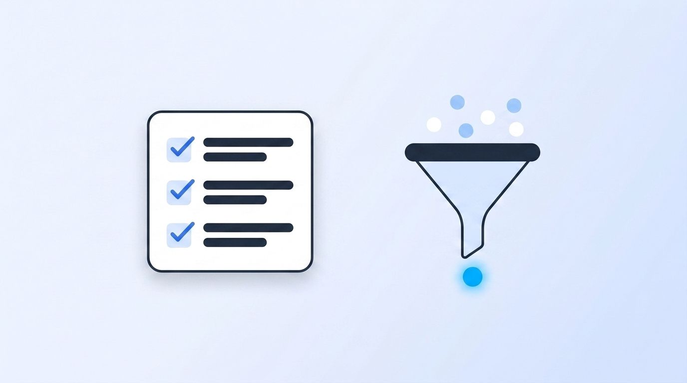 Recruiting checklist card next to a funnel icon representing an ICP filter for sourcing prerequisites