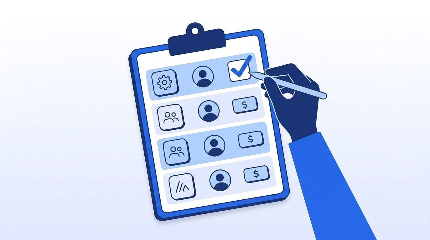 A hand checking off items on a clipboard-style spreadsheet showing app icons, owner avatars, and cost tags for a RevOps tool inventory
