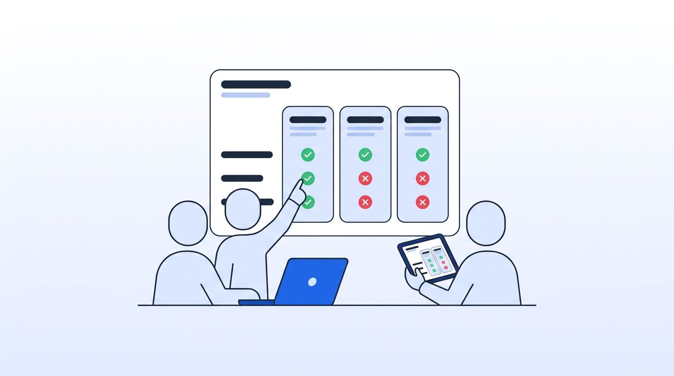 A GTM team comparing data enrichment vendor scorecards on a dashboard, evaluating freshness, uptime, and pricing side by side