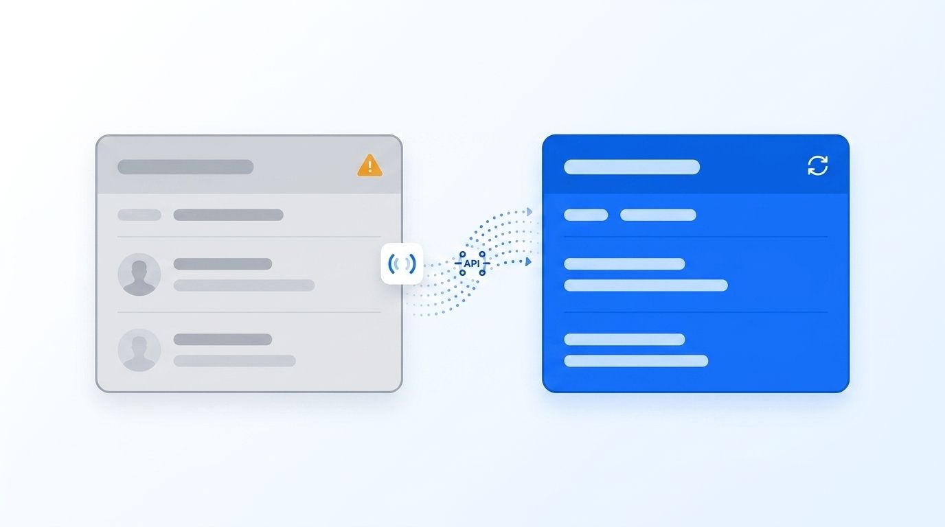 Illustration contrasting a stale, grayed-out CRM contact card with a fresh company data card pulled in from a live API
