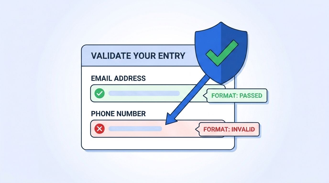 A web form illustration showing a shield validating email and phone fields in real time before a record reaches the CRM
