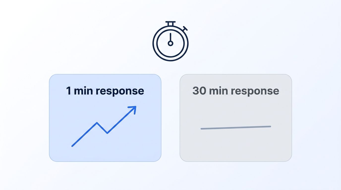 Comparison illustration showing conversion rising sharply after a 1-minute lead response versus staying flat after a 30-minute response