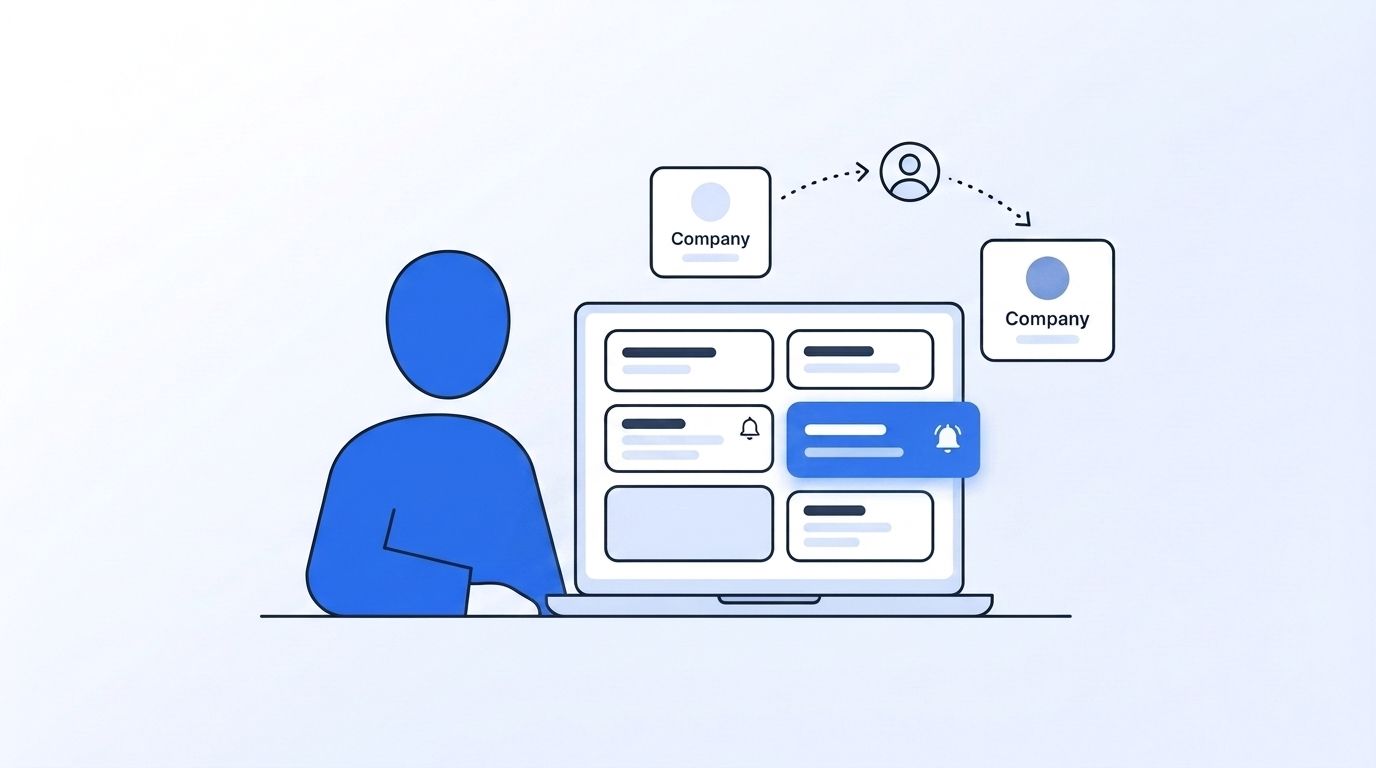 Sales rep noticing a job-change alert on a CRM dashboard as a stakeholder's avatar moves to a new company card