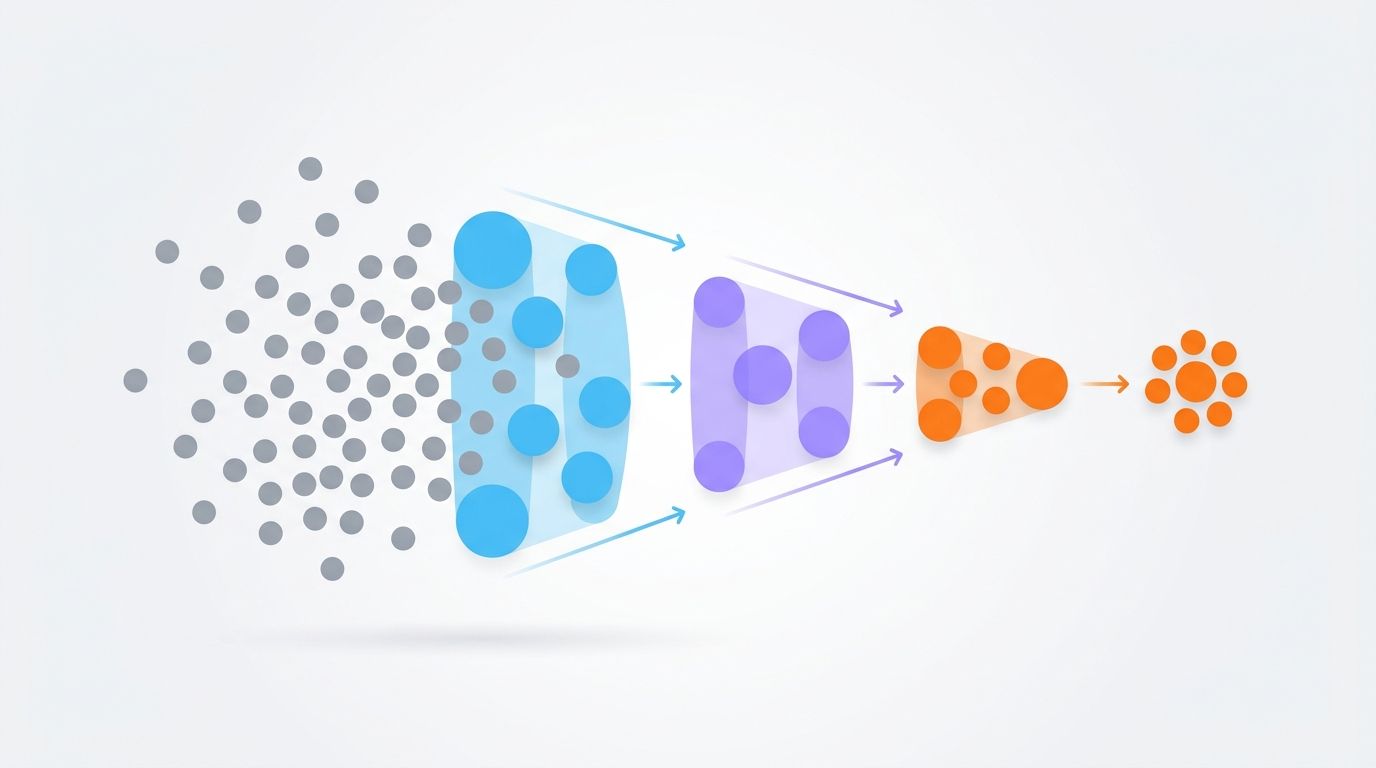 Abstract funnel visualization showing a broad, unfiltered dataset narrowing through Boolean filters into a small, precise prospect shortlist