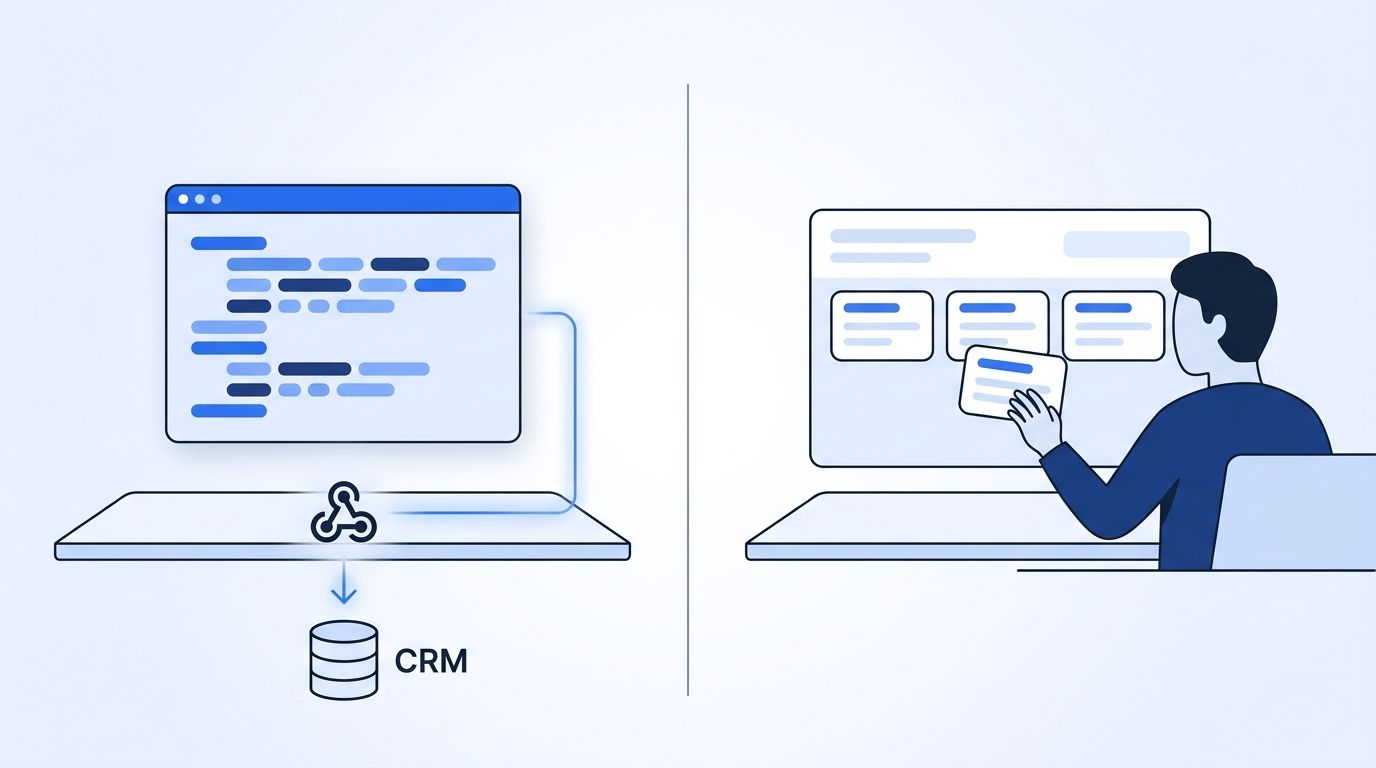 Split illustration comparing an API-first workflow of connected code blocks and webhooks against a UI-first workflow of point-and-click dashboard cards