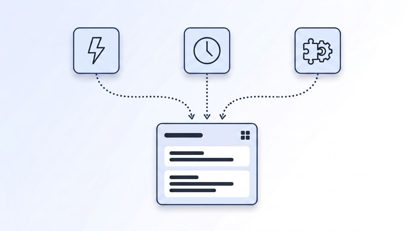 Three icons for webhook, batch sync, and iPaaS integration patterns converging into a single CRM dashboard