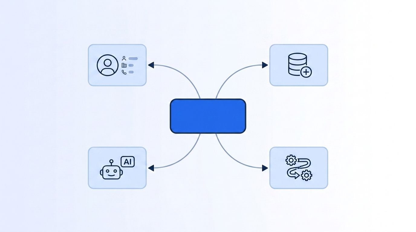 A network diagram showing API connections linking a CRM, an enrichment source, a workflow orchestration node, and an agentic AI layer into one automated GTM stack