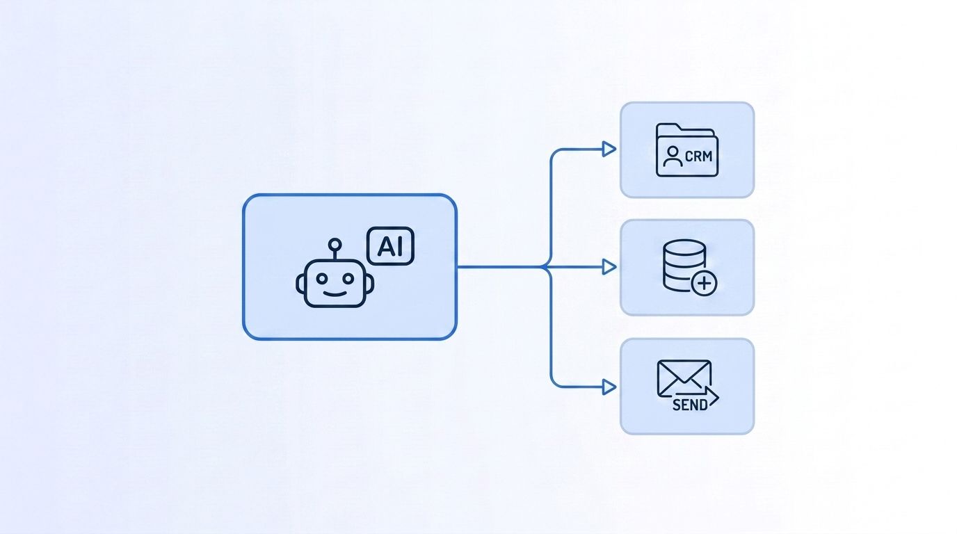An AI agent icon connected by API lines to a CRM record, a data signal, and an outbound email, representing agentic GTM execution