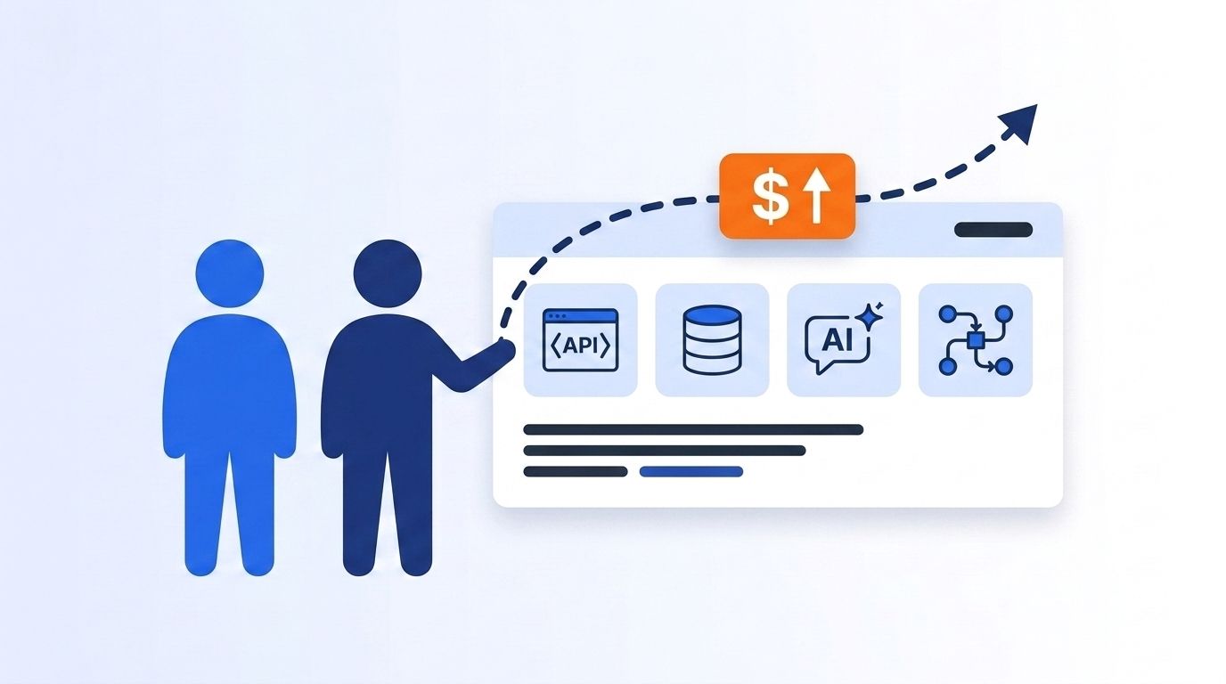 UI card mockup with API, database, AI chat, and workflow automation icons and a dollar-sign badge showing the AI skills pay premium