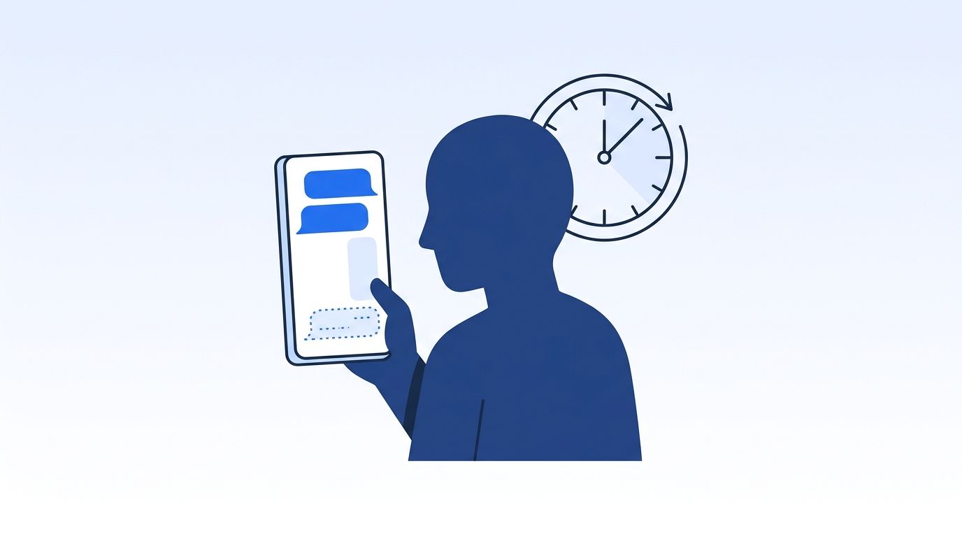 Candidate silhouette checking a phone for a recruiter reply, with a fading message thread and a clock icon showing the wait dragging on