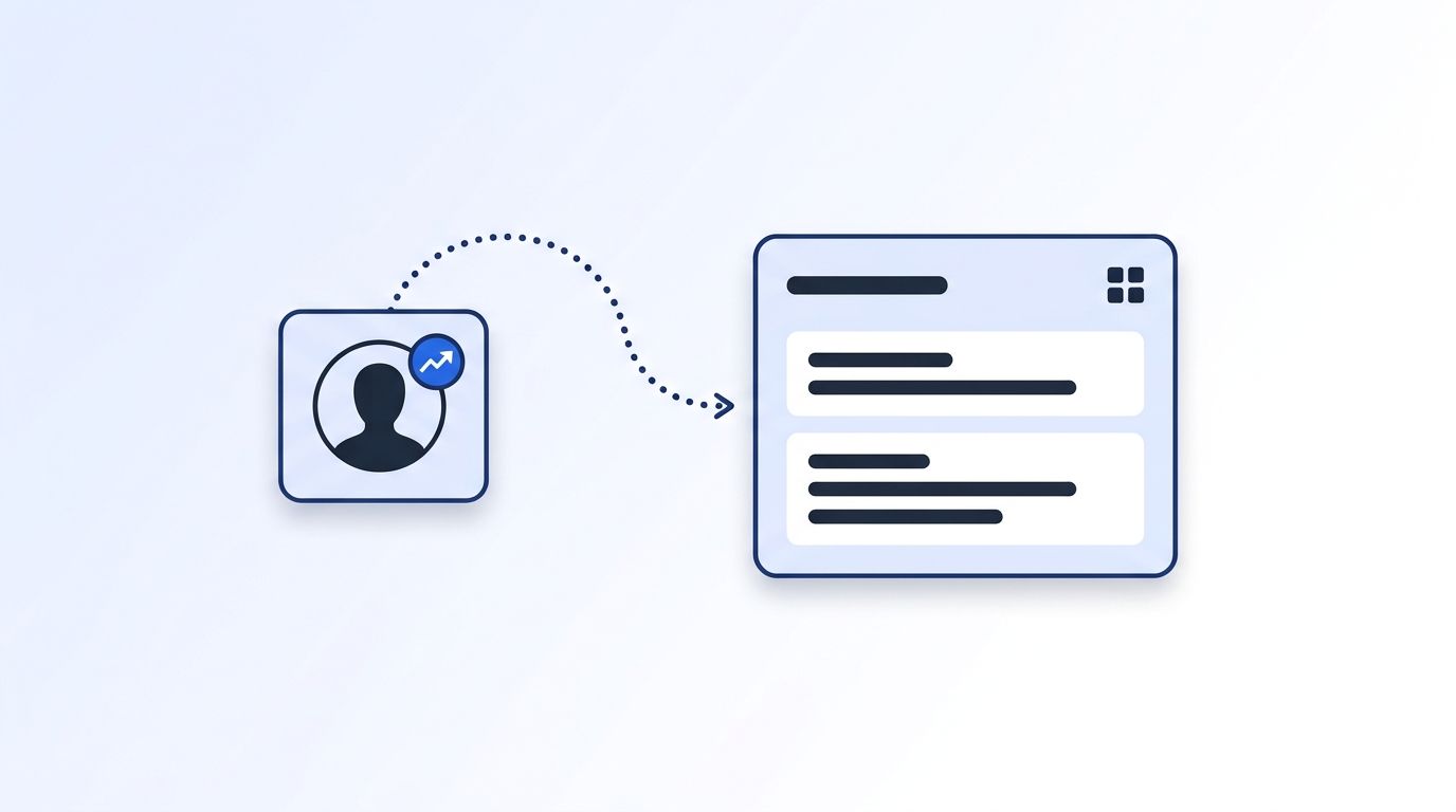 Flat vector illustration of a job-change signal card flowing through a pipeline into a CRM dashboard card