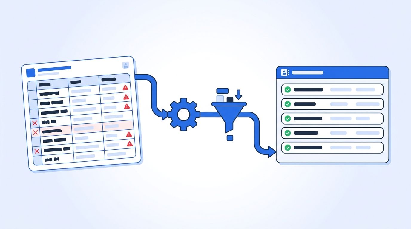A flat vector illustration showing a messy spreadsheet of contact records being automatically cleaned, deduplicated, and enriched into a tidy CRM dashboard