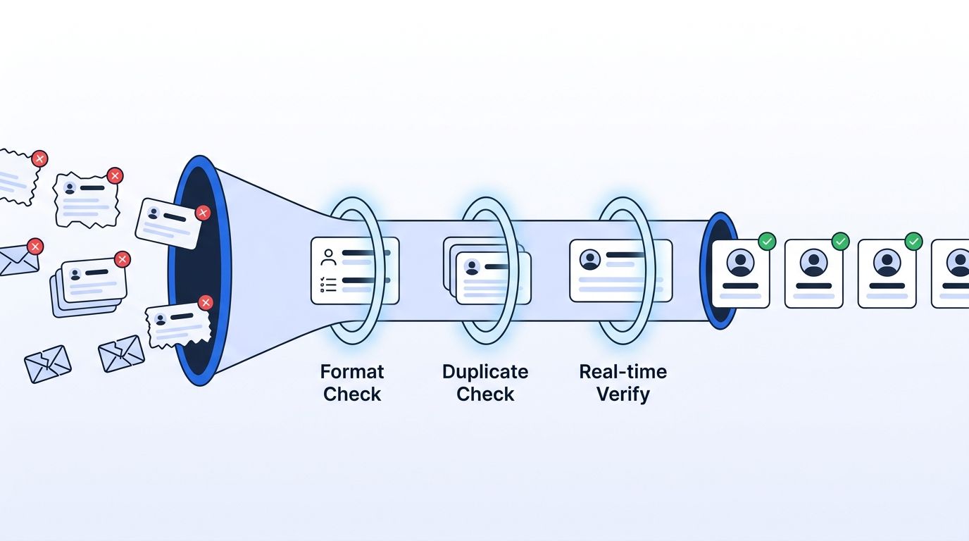 A funnel illustration showing messy contact records entering on the left, passing through format check, duplicate check, and real-time verification checkpoints, and emerging as clean verified profile cards on the right