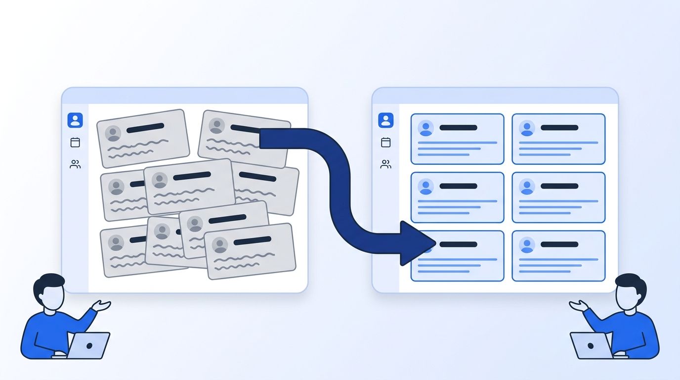 Illustration of messy CRM records being cleaned and organized before flowing into a new CRM system during migration