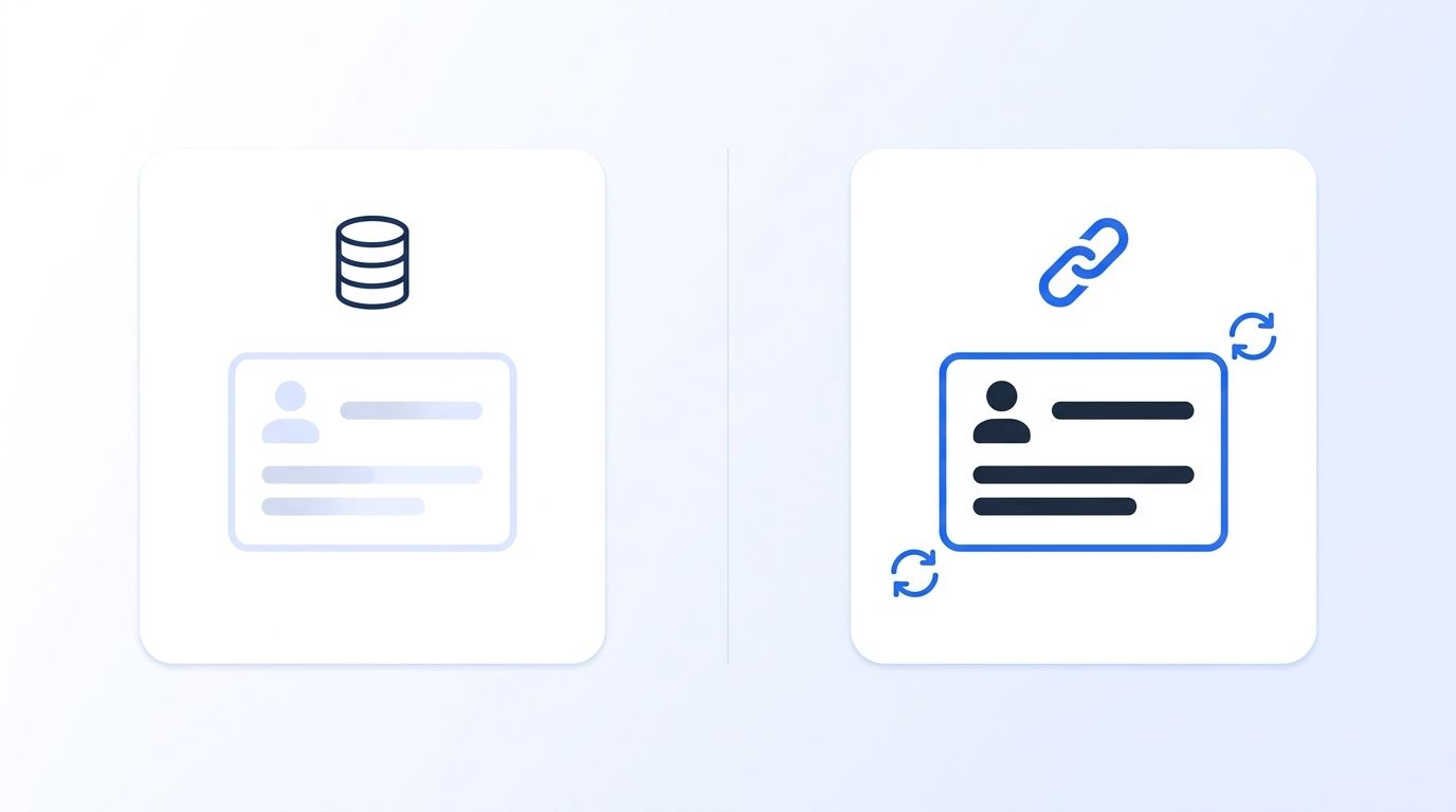 A split illustration contrasting a static database icon with a slowly fading contact card against a live API icon with a contact card refreshing in real time