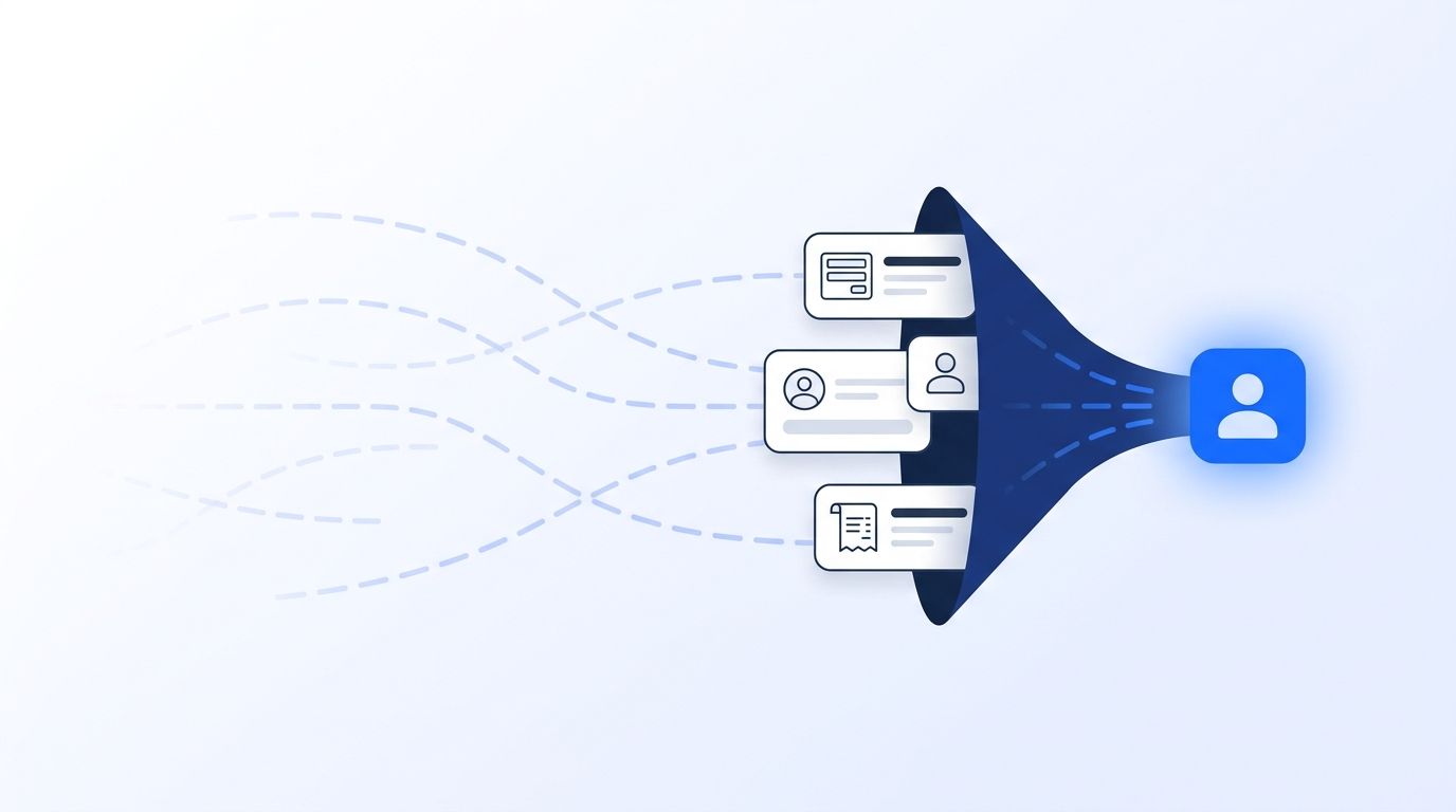 A flat vector illustration of scattered third-party data streams converging into a single secure first-party data foundation icon