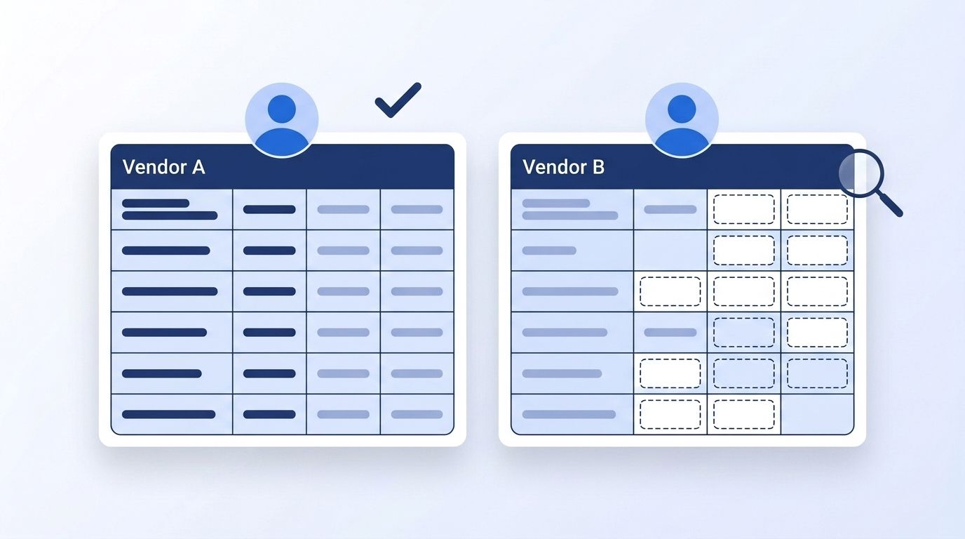 Side-by-side spreadsheet comparison showing Vendor A with complete data fields and Vendor B with several blank fields