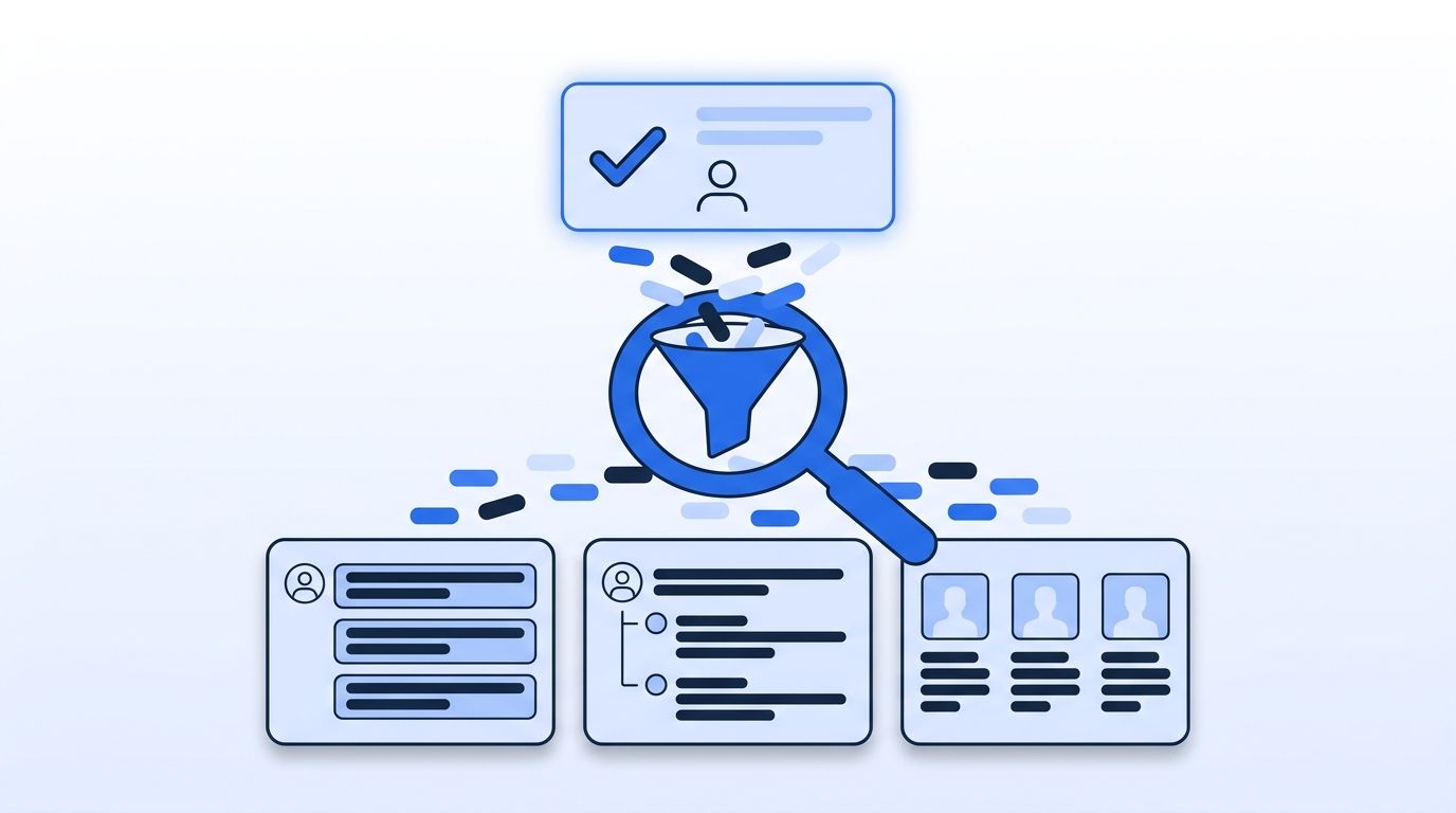 Illustration of a funnel filtering LinkedIn, Reddit, and X signal cards down to one relevant keyword-matched lead