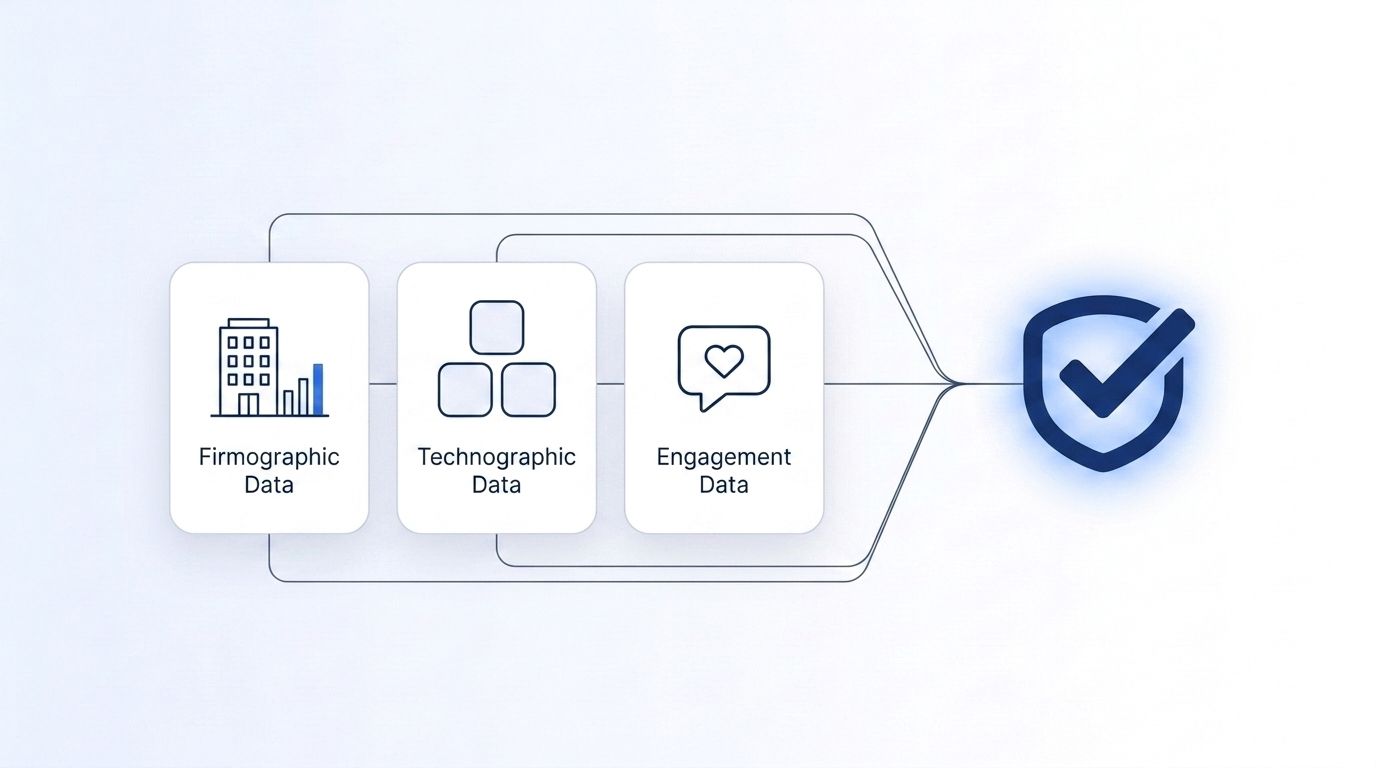 Illustration of firmographic, technographic, and engagement data streams merging into a single composite intent score badge