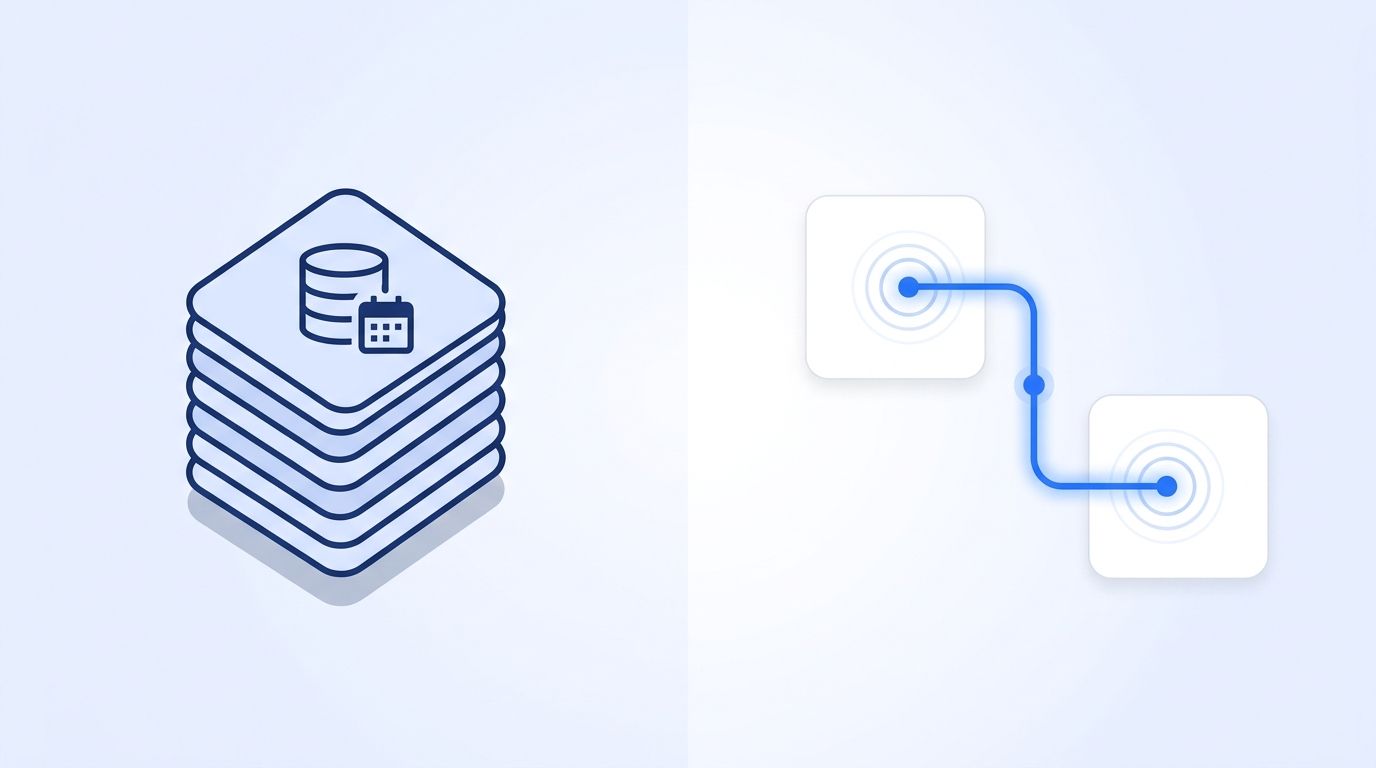 Split-screen illustration comparing a stack of bulk data files on one side with a live API connection graph on the other