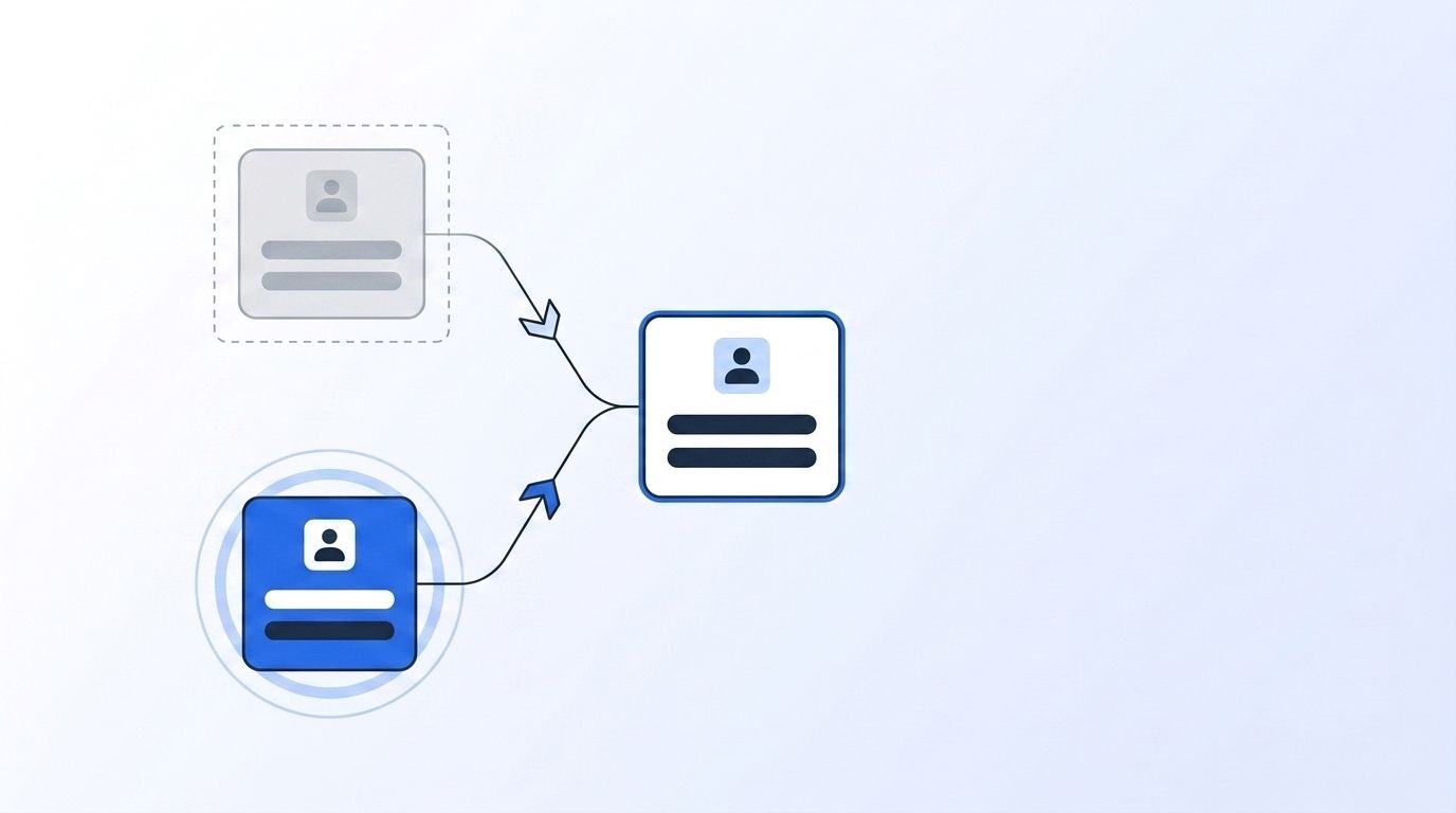 A contact record forking into a faded gray stale path and a vivid blue live-updating path, illustrating bundled AI SDR data versus a real-time API