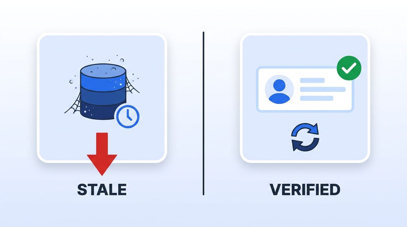 A split illustration showing a stale database icon with a clock and downward arrow on one side, and a live verified profile card with a green checkmark and refresh icon on the other