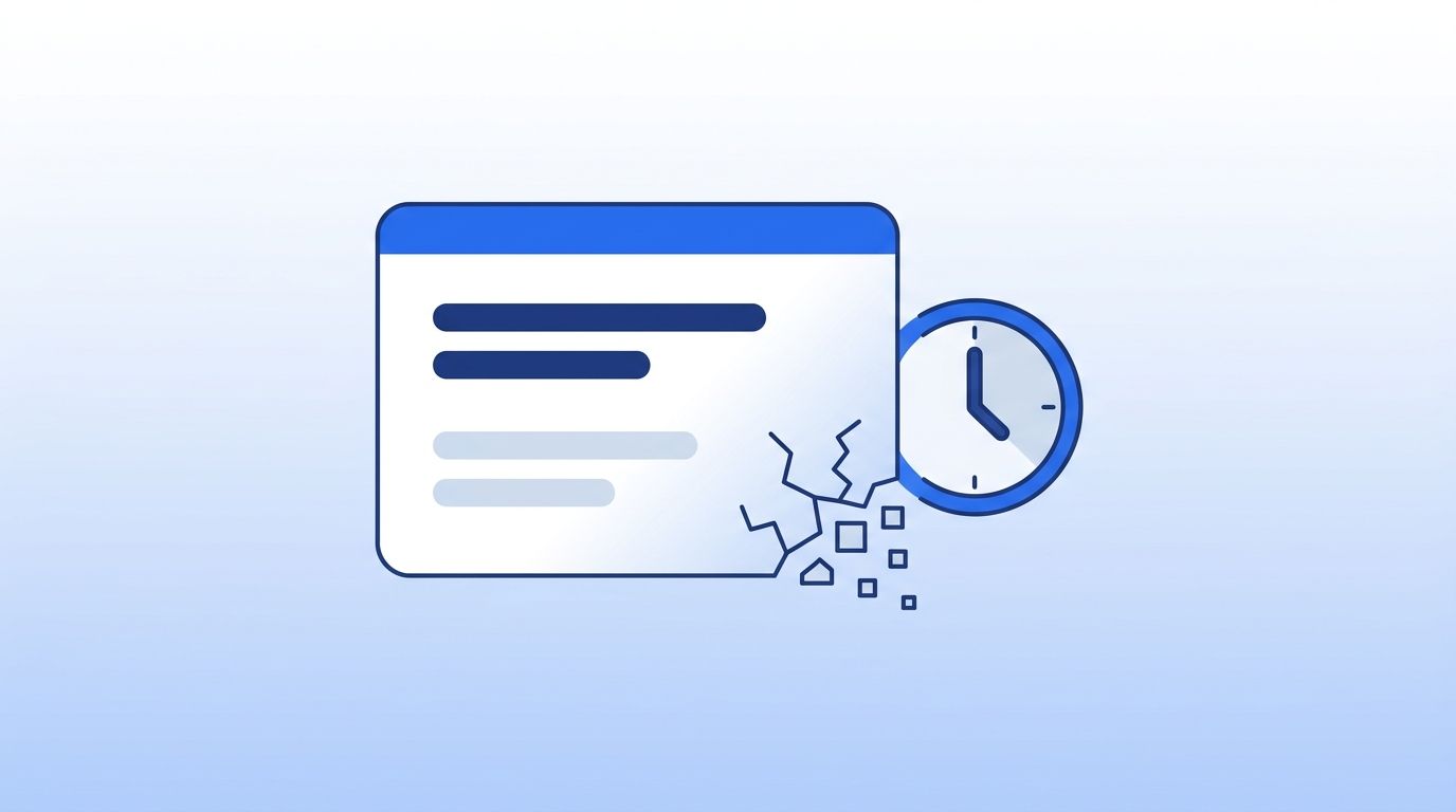Flat vector illustration of a CRM contact card fading and cracking apart next to a clock, representing B2B data decay
