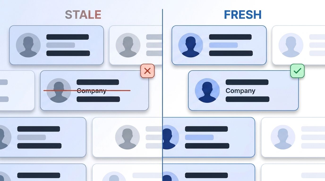 Split-screen comparison of a stale CRM contact record with a crossed-out outdated title versus a fresh, verified record with a green checkmark