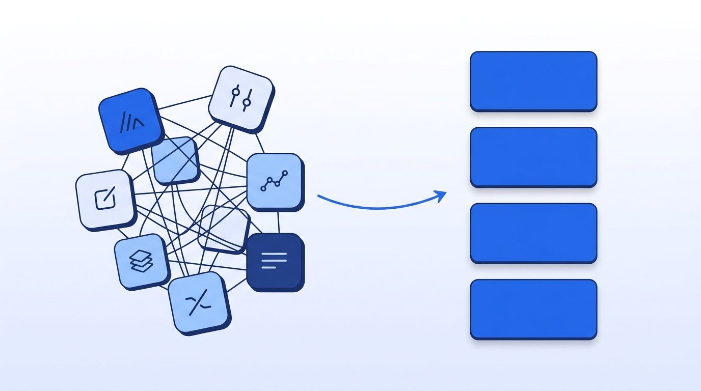 A flat 2D illustration of a tangled cluster of overlapping SaaS tool icons on the left being consolidated into a clean, organized stack of cards on the right